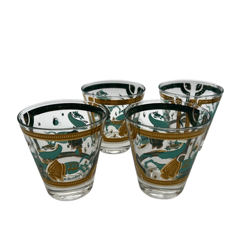 VTG Georges Briard Mid Century Gold Turquoise Horse Glasses Set of 4 Barware MCM